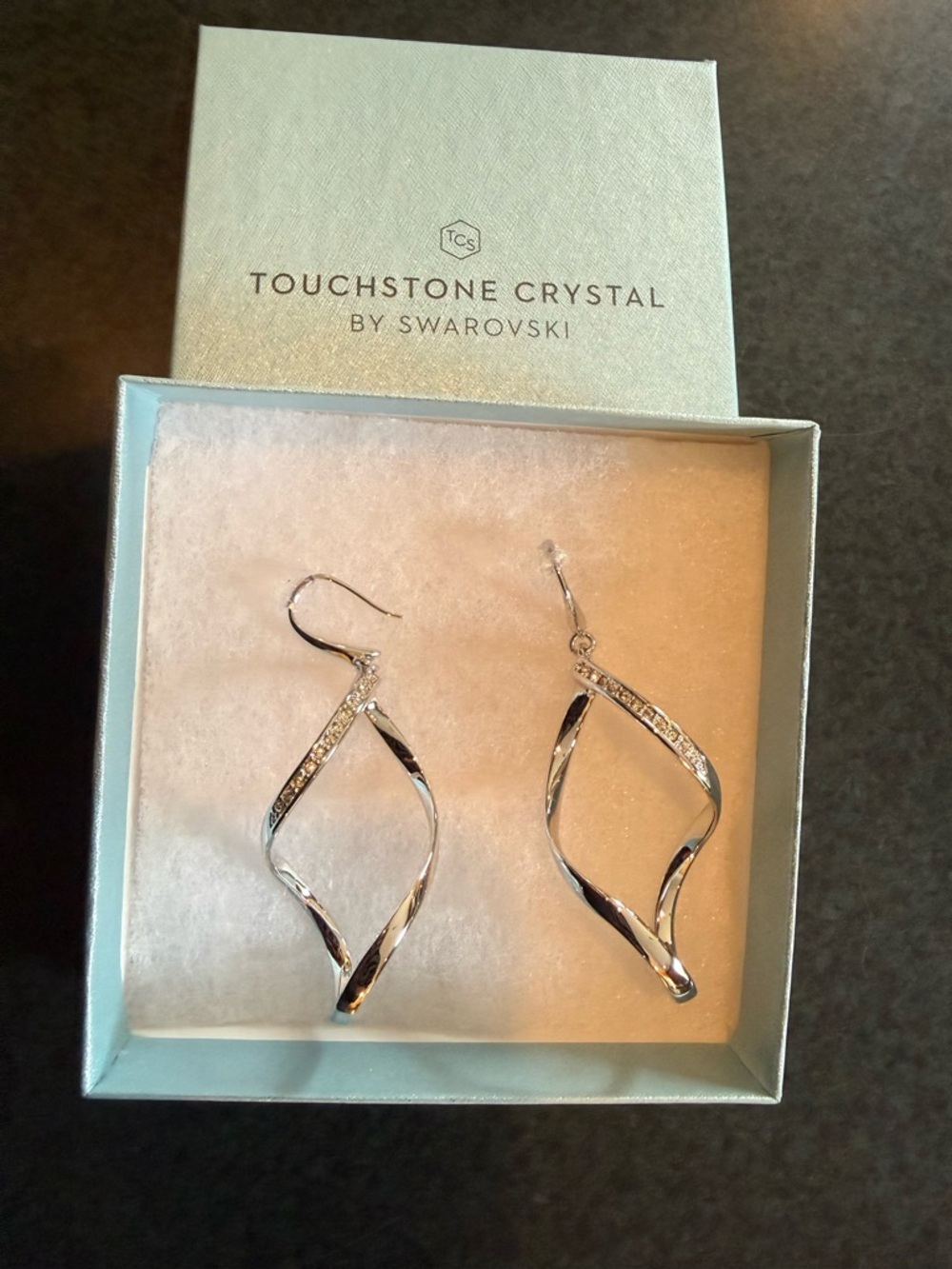 Touchstone Crystal Silver Twisted Ribbon Drop Earrings with Clear Crystals